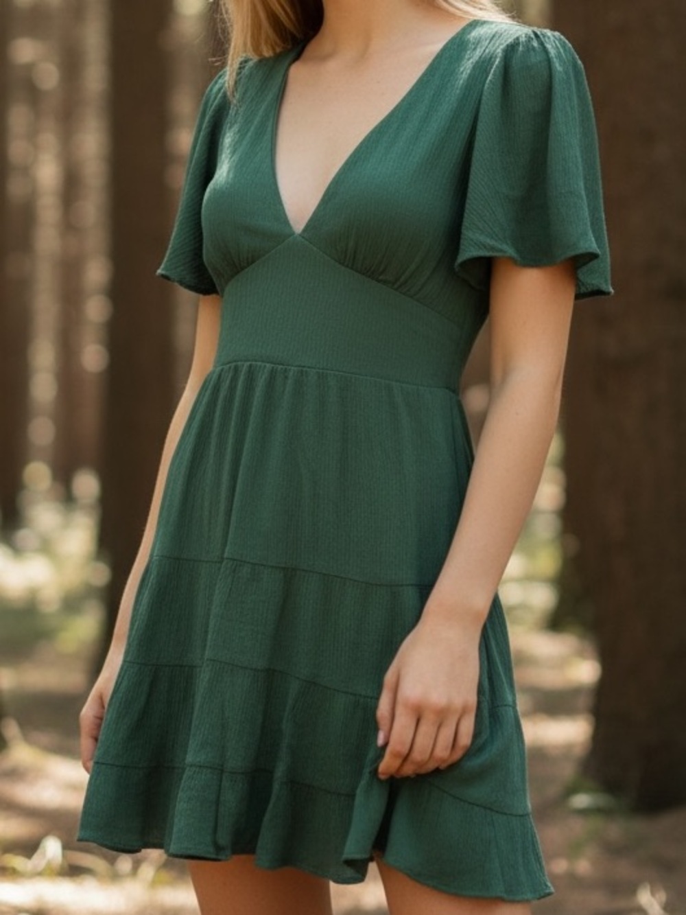 B Darlin Forest Green V-Neck Tiered Flutter Sleeve Mini Dress